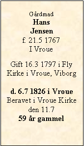 Tekstboks: GrdmadHans Jensenf. 21.5 1767I VroueGift 16.3 1797 i Fly Kirke i Vroue, Viborgd. 6.7 1826 i VroueBeravet i Vroue Kirke den 11.759 r gammel