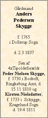 Tekstboks: Grdmand Anders PedersenSkygge f. 1765  i Dollerup Sognd. 2.3 1837Sn af  4xTipoldeforldr Peder Nielsen Skygge, f. 1730 i Bodtoft, Ringkbing Amt, d. 15.11 1810 og Kirsten Nielsdatter, f. 1733 i  Schygge, Kragelund Sognd. 19.4 1811