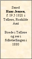 Tekstboks: Smed  Hans Jensen, f. 19.5 1821 i Tllse, Roskilde Amt Boede i Tllse  og ses i folketllingen i 1880