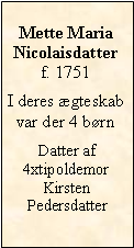 Tekstboks: Mette MariaNicolaisdatterf. 1751I deres ægteskab var der 4 børnDatter af 4xtipoldemorKirstenPedersdatter