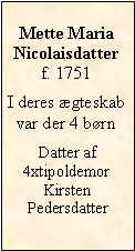 Tekstboks: Mette MariaNicolaisdatterf. 1751I deres gteskab var der 4 brnDatter af 4xtipoldemorKirstenPedersdatter